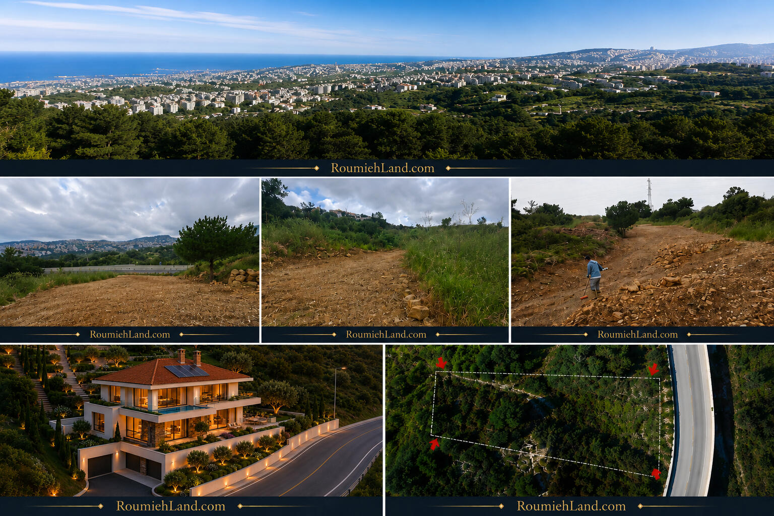 roumieh-land-lot-4650-property-gallery Gallery showing Roumieh land lot 4650 with panoramic views, hillside terrain, property boundaries, and villa development potential